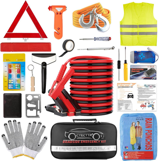Car Roadside Emergency Kit with Jumper Cables, Reflective Triangle, Tow Rope, Safety Hammer, Tire Gauge, Flashlight & More – Complete Auto Safety Survival Kit - PuriLite