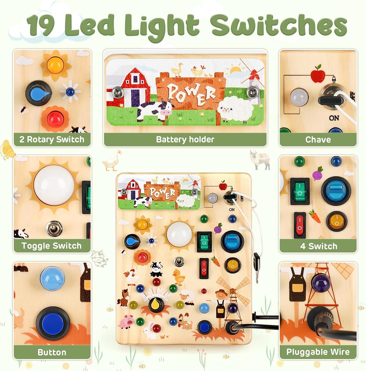 Joyreal Montessori Busy Board Wooden Sensory Toys for Toddler with LED Light Up Switch, Baby Fidget Board Travel Toys for 18+ Months, Boys Girls Birthday - PuriLite