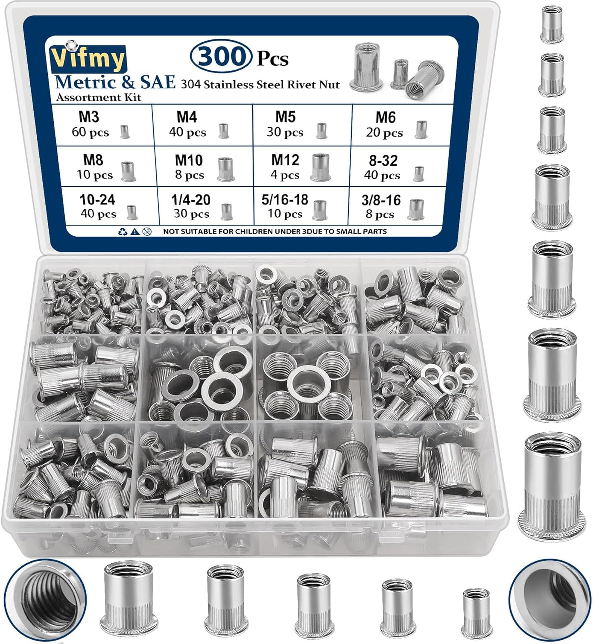 Vifmy Metric & SAE Rivet Nut Assortment Kit(420 Pcs),m3 m4 m5 m6 m8 m10 m12#6-32#8-32#10-24 1/4"-20 5/16"-18 3/8"-16 UNC Flat Head Rivnut Set,Zinc Plated Finish Carbon Steel Nutsert - PuriLite
