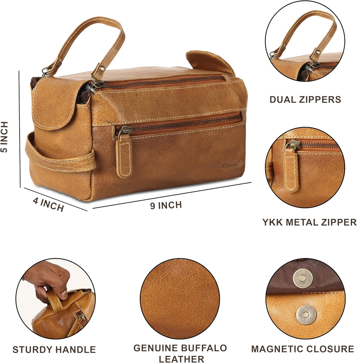 Premium Buffalo Leather Unisex Toiletry Bag Travel Dopp Kit Shaving kit (Distressed Tan) - PuriLite