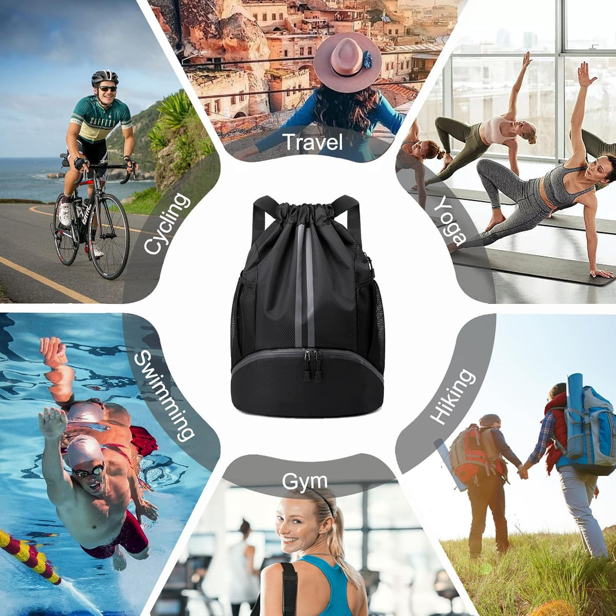 Hoedia Sports Drawstring Backpack - String Swim Gym Bag with Shoes Compartment and Wet Proof Pocket for Women/Men - PuriLite