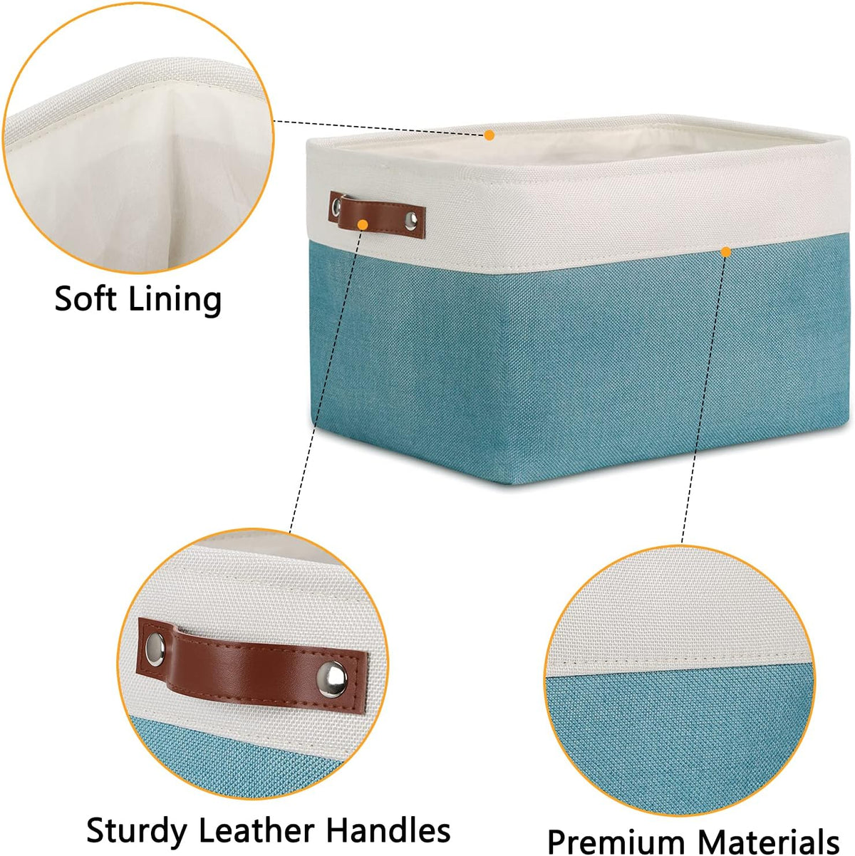 DULLEMELO Storage Baskets for Shelves, Fabric Collapsible Rectangular Storage Bins for Shelves, Closets, Nursery, Home, Office, Empty Gift Baskets (White&Teal) - PuriLite