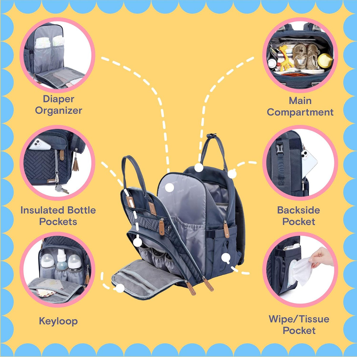 Diaper Bag Backpack, iniuniu Large Baby Bags with Diaper Pouch, Washable Changing Pad, Pacifier Case and Stroller Straps - PuriLite
