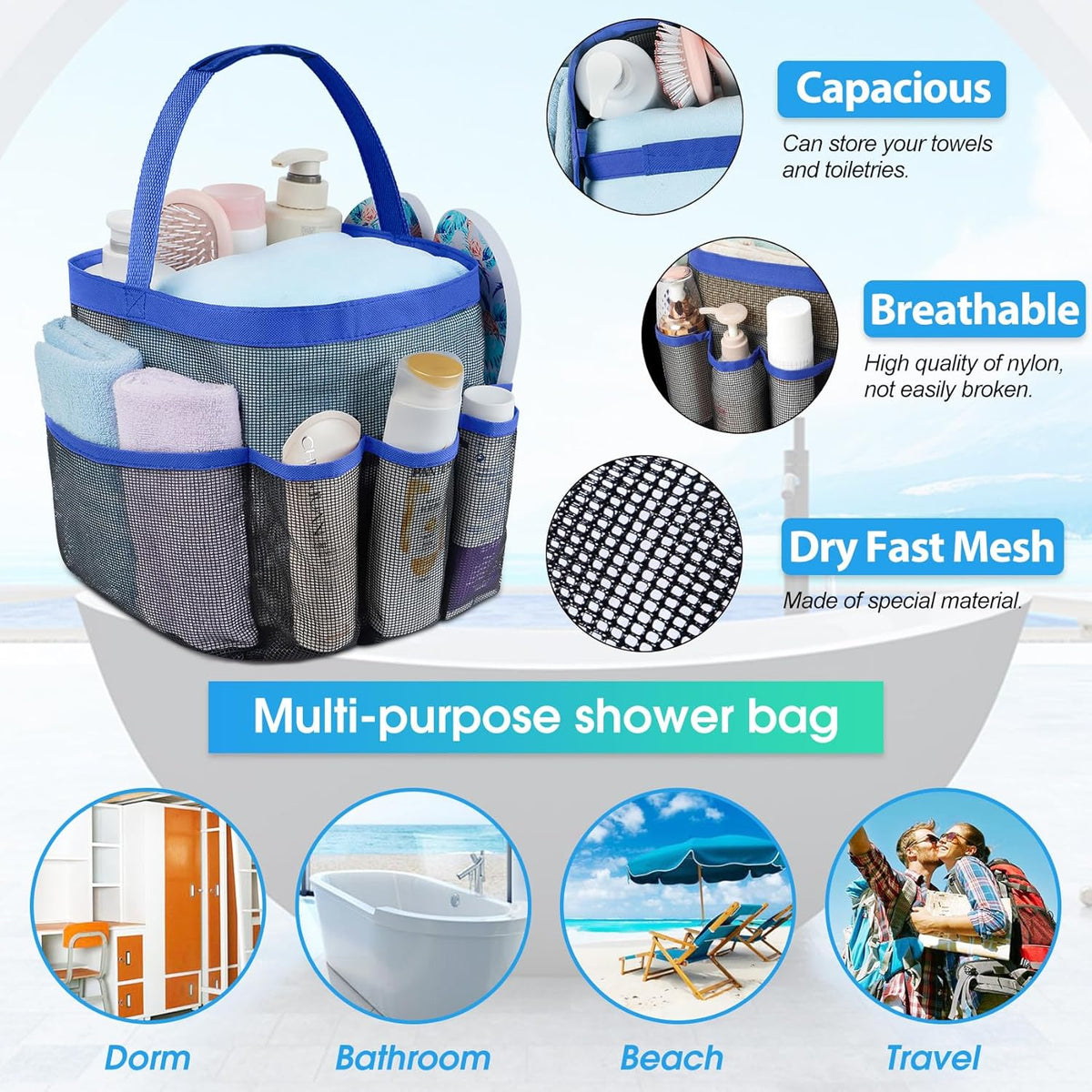Attmu Mesh Shower Caddy Portable for College Dorm Room Essentials with 8 Pockets, Hanging Shower Caddy Basket Tote Bag Toiletry Accessories for Bathroom - PuriLite