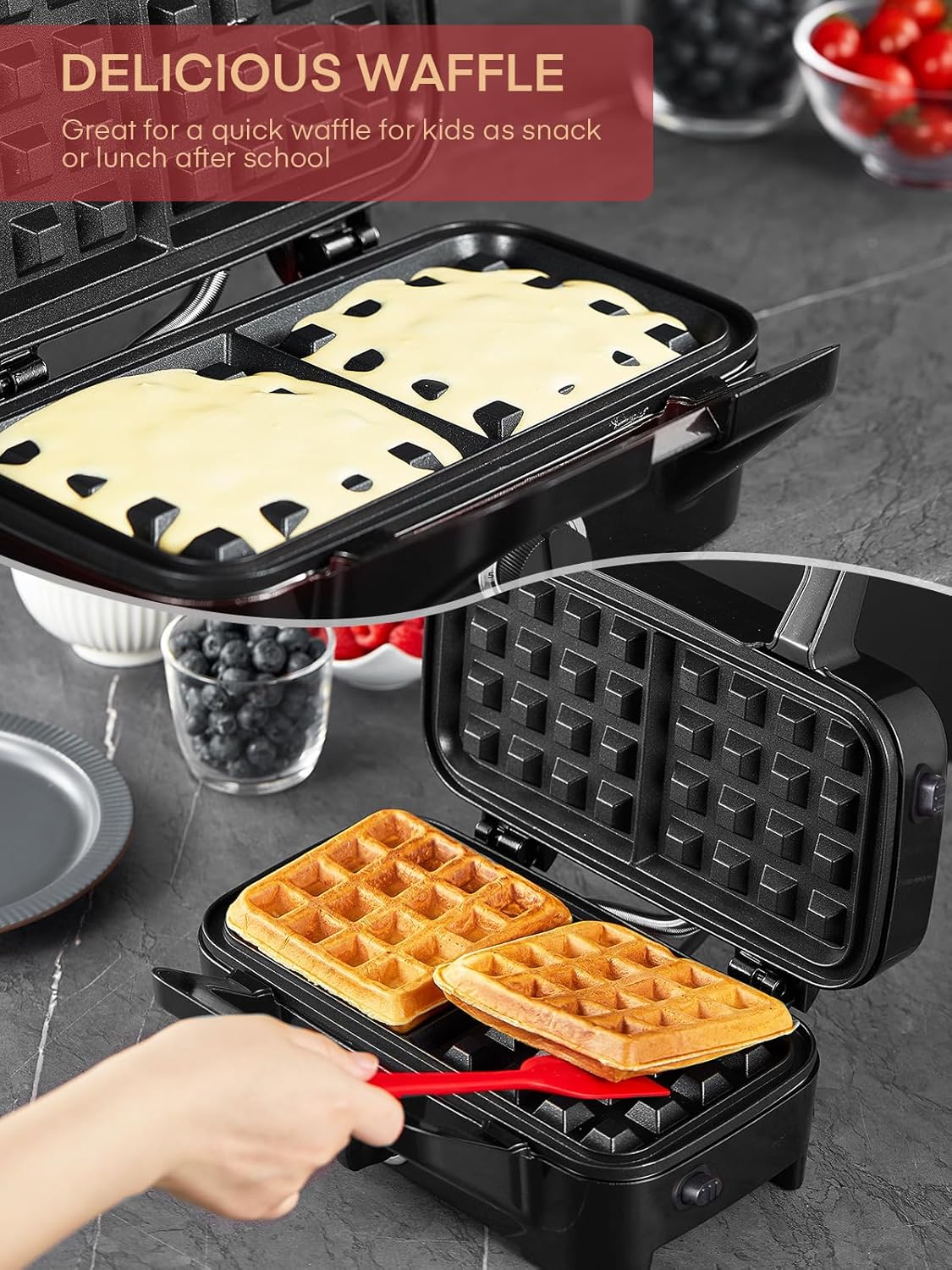 FOHERE 3-in-1 Waffle Maker, Sandwich Maker, Panini Press with Removable Plates, 5-Gear Temperature, LED Indicator Lights, Portable Handle, 1200W Belgian Electric Grill Cheese Machine - PuriLite