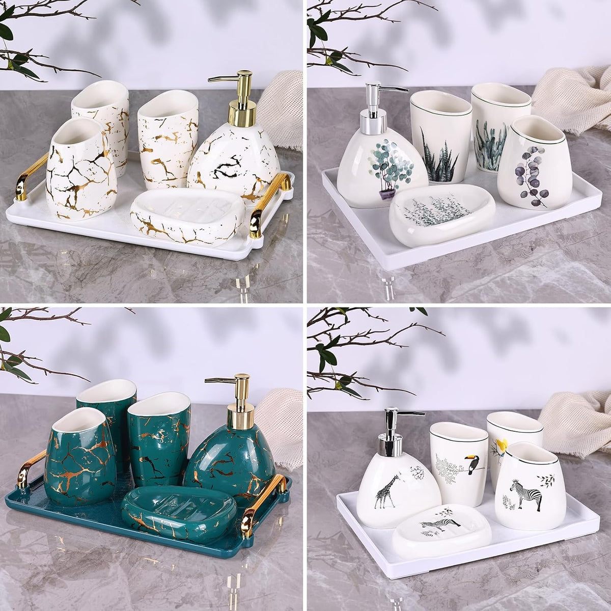 White Bathroom Accessories Set,Modern Countertop Bathroom Decor,Luxury 6 Piece Bathroom Accessory Set,Complete with Soap Dispenser,Toothbrush Holder,Tumbler,Tray - PuriLite