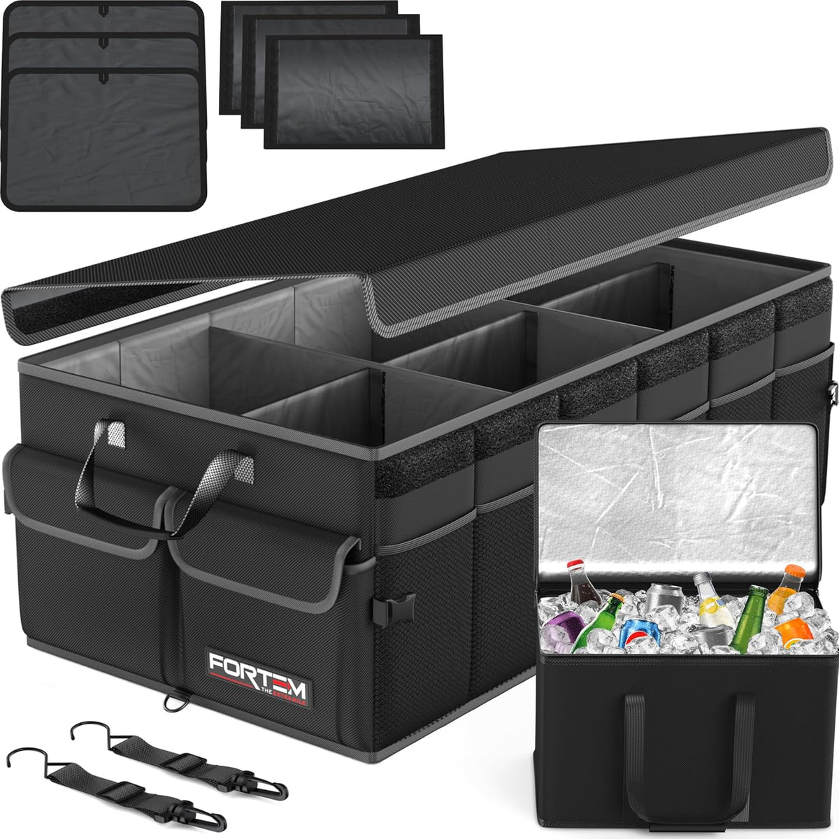 FORTEM Car Trunk Organizer, Collapsible Multi Compartment Car Organizer, Foldable SUV Storage for Car Accessories for Women Men, Non Slip Bottom, Securing Straps, Soft Cover 50L (Black, Standard) - PuriLite