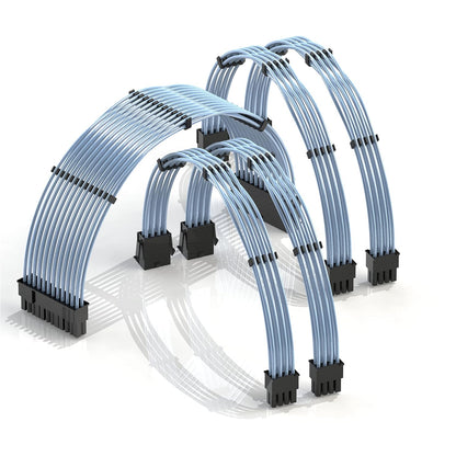 LINKUP - 30cm Super Soft and Flexible PSU Cable Extension Sleeved Custom Mod GPU PC Braided w/Comb Kit | 1 x 24 P (20+4) | 2 x 8 P (4+4) CPU | 2 x 8 P (6+2) GPU Set | 300mm - Blackgreen - PuriLite