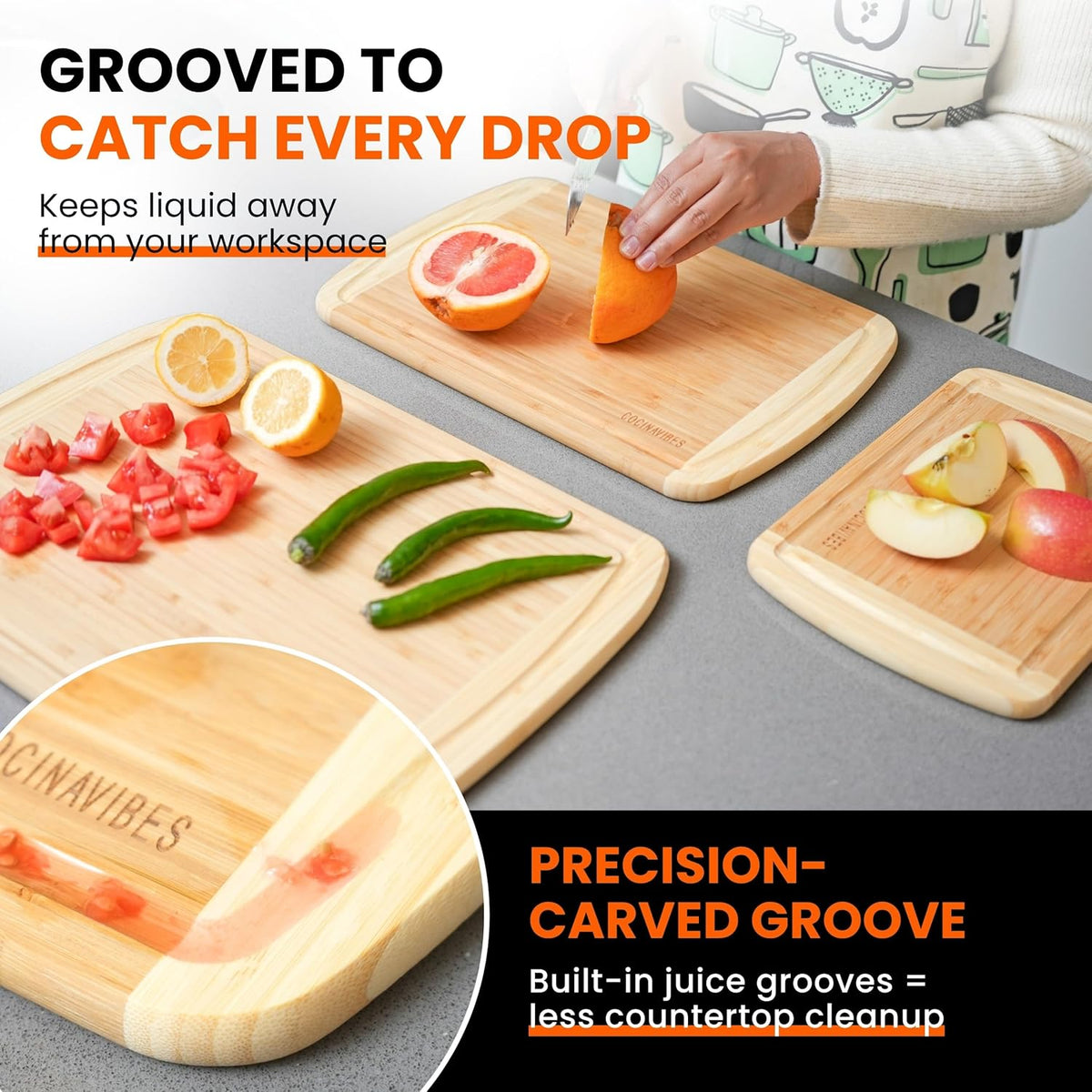 Bamboo Cutting Board Set – Non-Toxic Charcuterie & Chopping Boards for Kitchen, Large & Small Sizes, Safe Cutting Boards for Meat, Cheese, Pizza – Home & Kitchen Gift Idea - PuriLite