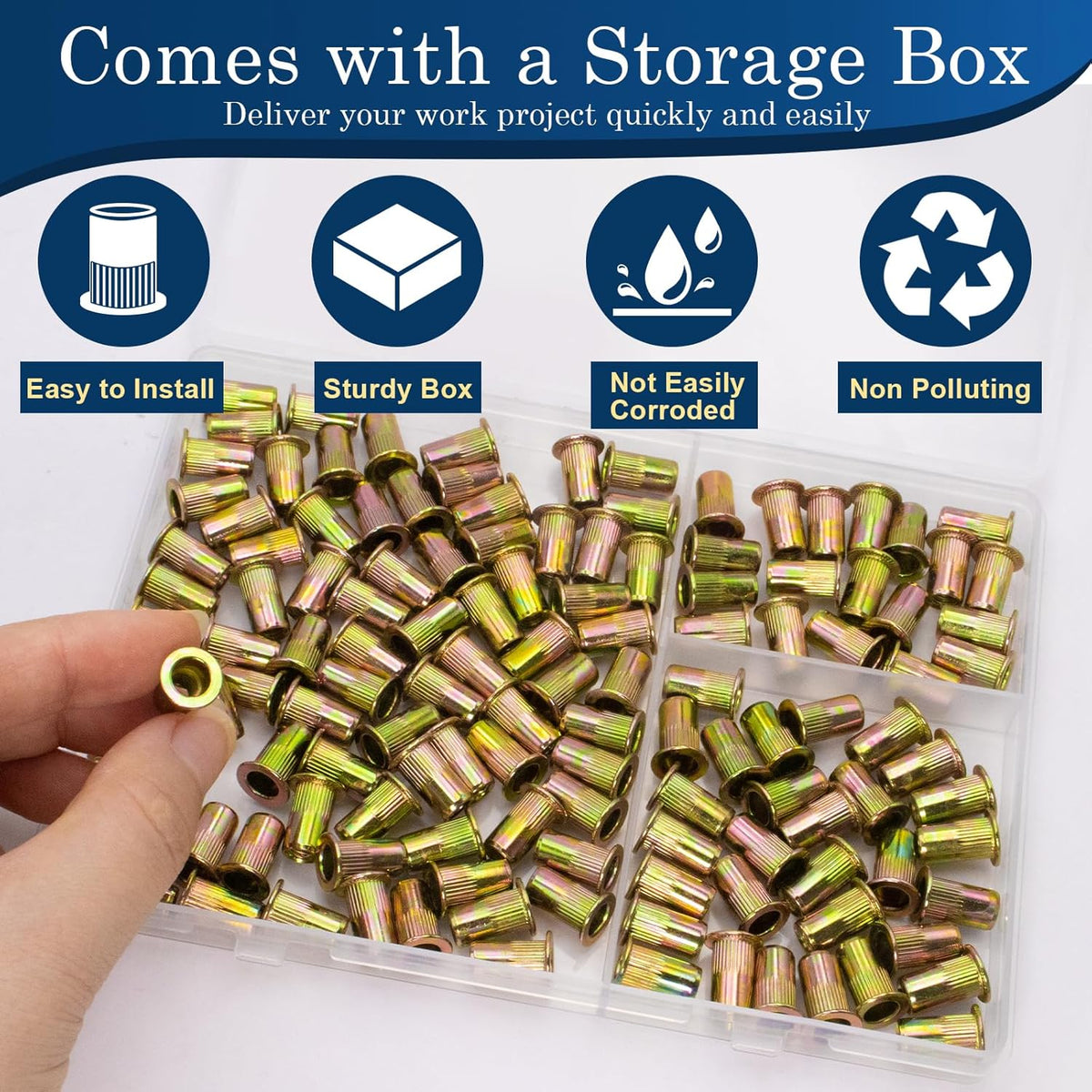 Vifmy Metric & SAE Rivet Nut Assortment Kit(420 Pcs),m3 m4 m5 m6 m8 m10 m12#6-32#8-32#10-24 1/4"-20 5/16"-18 3/8"-16 UNC Flat Head Rivnut Set,Zinc Plated Finish Carbon Steel Nutsert - PuriLite