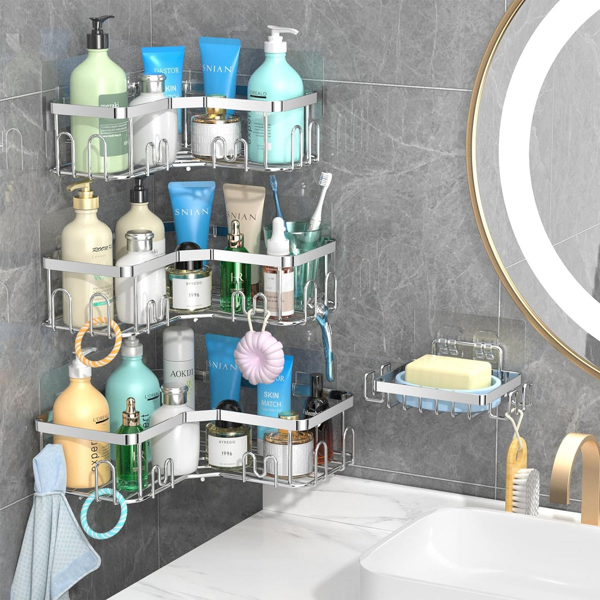 stusgo 4 Pack Corner Shower Caddy with Soap Holder, Adhesive Shower Shelves No Drilling, Rustproof Stainless Steel Bathroom Shower Organizer with Hooks, Shower Shelf for Inside Shower, Silver - PuriLite