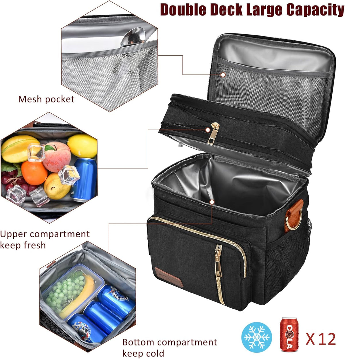 Lunch Bag for Women Men Double Deck Lunch Box - Leakproof Insulated Soft Large Lunch Cooler Bag, MIYCOO (Black,15L) - PuriLite