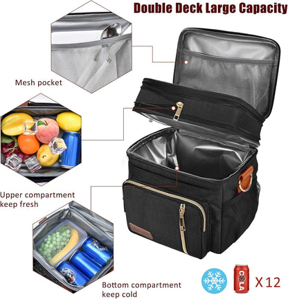 Lunch Bag for Women Men Double Deck Lunch Box - Leakproof Insulated Soft Large Lunch Cooler Bag, MIYCOO (Black,15L) - PuriLite
