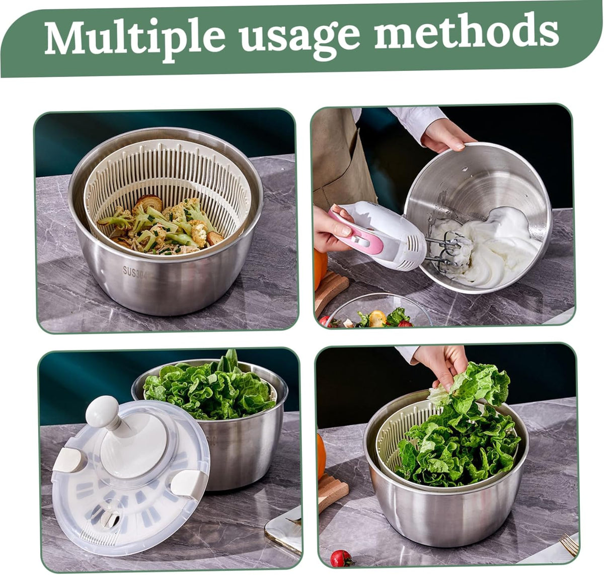Salad Spinner 5L Dual Layer Stainless Steel & PP Lettuce Spinner with Lid & Rotating Handle Multi-Purpose Quick Dry Fruit and Vegetable Wash for Kitchen - PuriLite