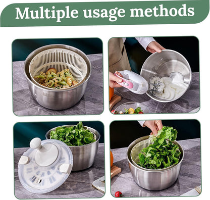 Salad Spinner 5L Dual Layer Stainless Steel & PP Lettuce Spinner with Lid & Rotating Handle Multi-Purpose Quick Dry Fruit and Vegetable Wash for Kitchen - PuriLite
