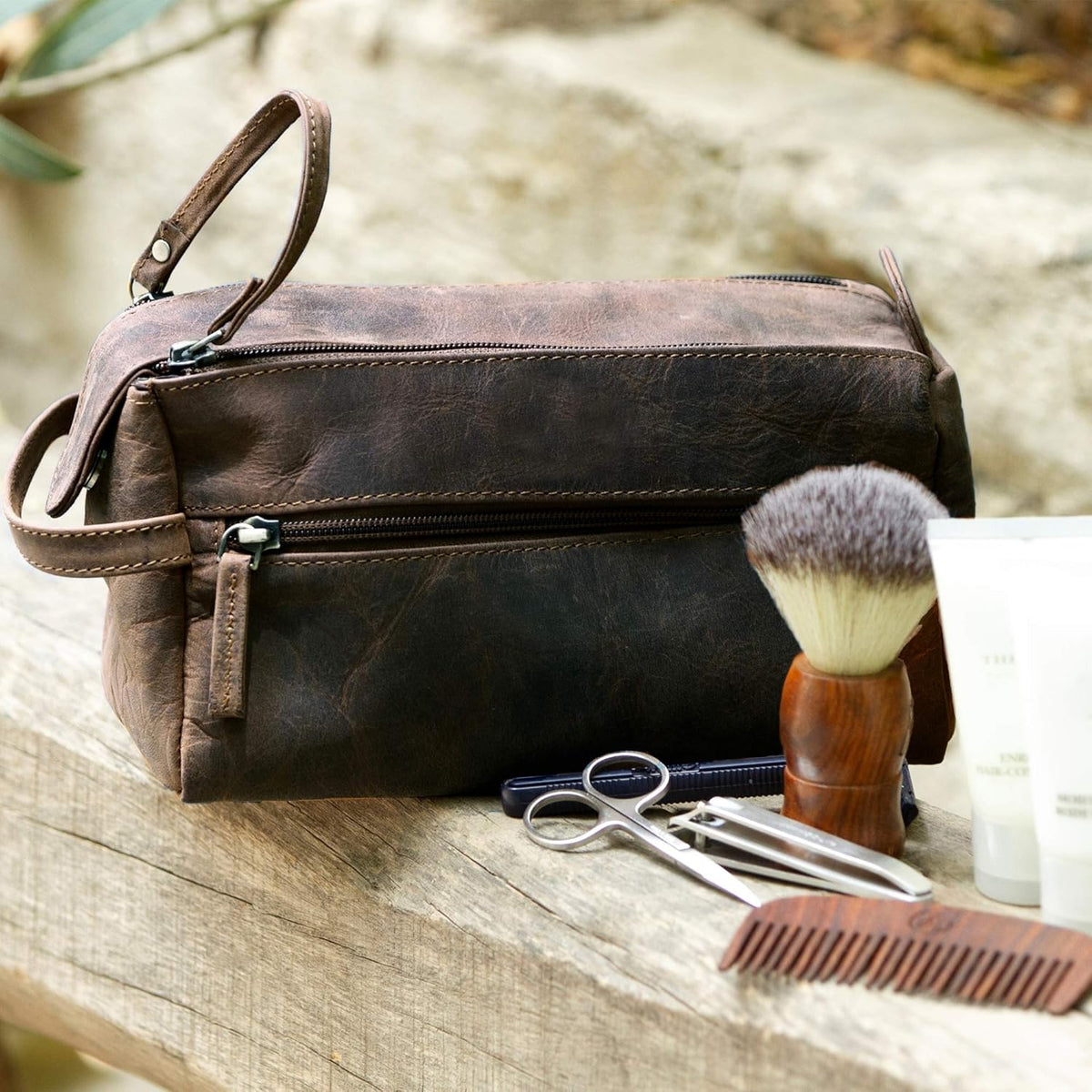 Genuine Leather Travel Toiletry Bag - Hygiene Organizer Dopp Kit by Rustic Town - PuriLite