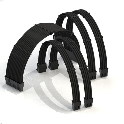 LINKUP - 30cm Super Soft and Flexible PSU Cable Extension Sleeved Custom Mod GPU PC Braided w/Comb Kit | 1 x 24 P (20+4) | 2 x 8 P (4+4) CPU | 2 x 8 P (6+2) GPU Set | 300mm - Blackgreen - PuriLite