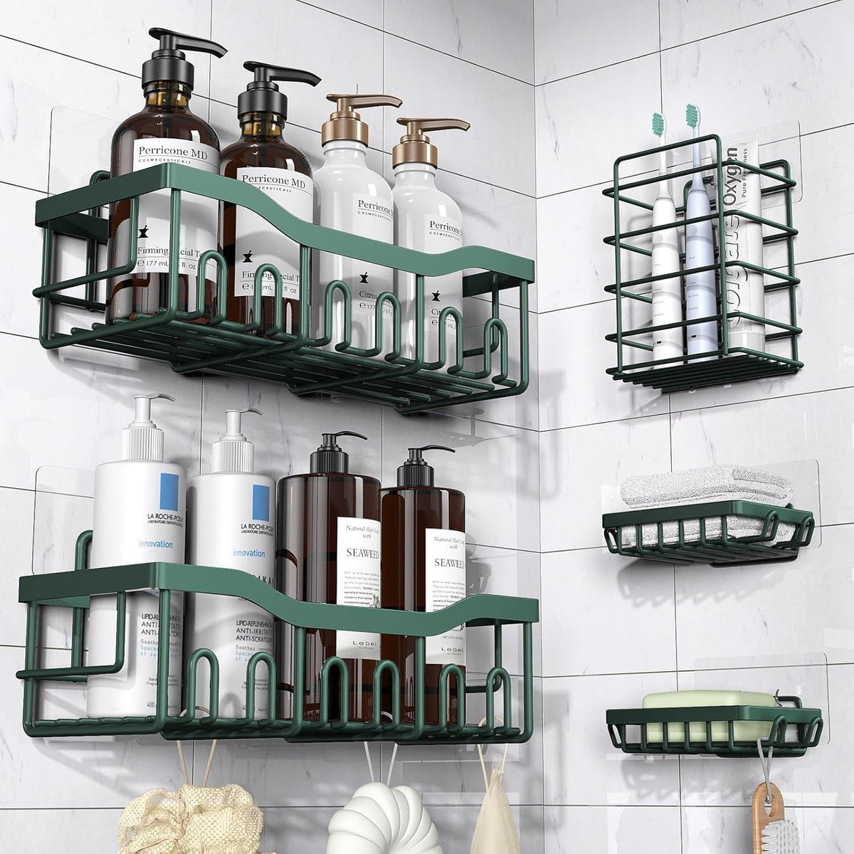 EUDELE 5-Pack Rustproof Stainless Steel Shower Caddy – No Drill Adhesive Bathroom Organizer with Large Capacity, Spacious Shower Shelves for Inside Shower, Kitchen & Home Decor Storage - PuriLite