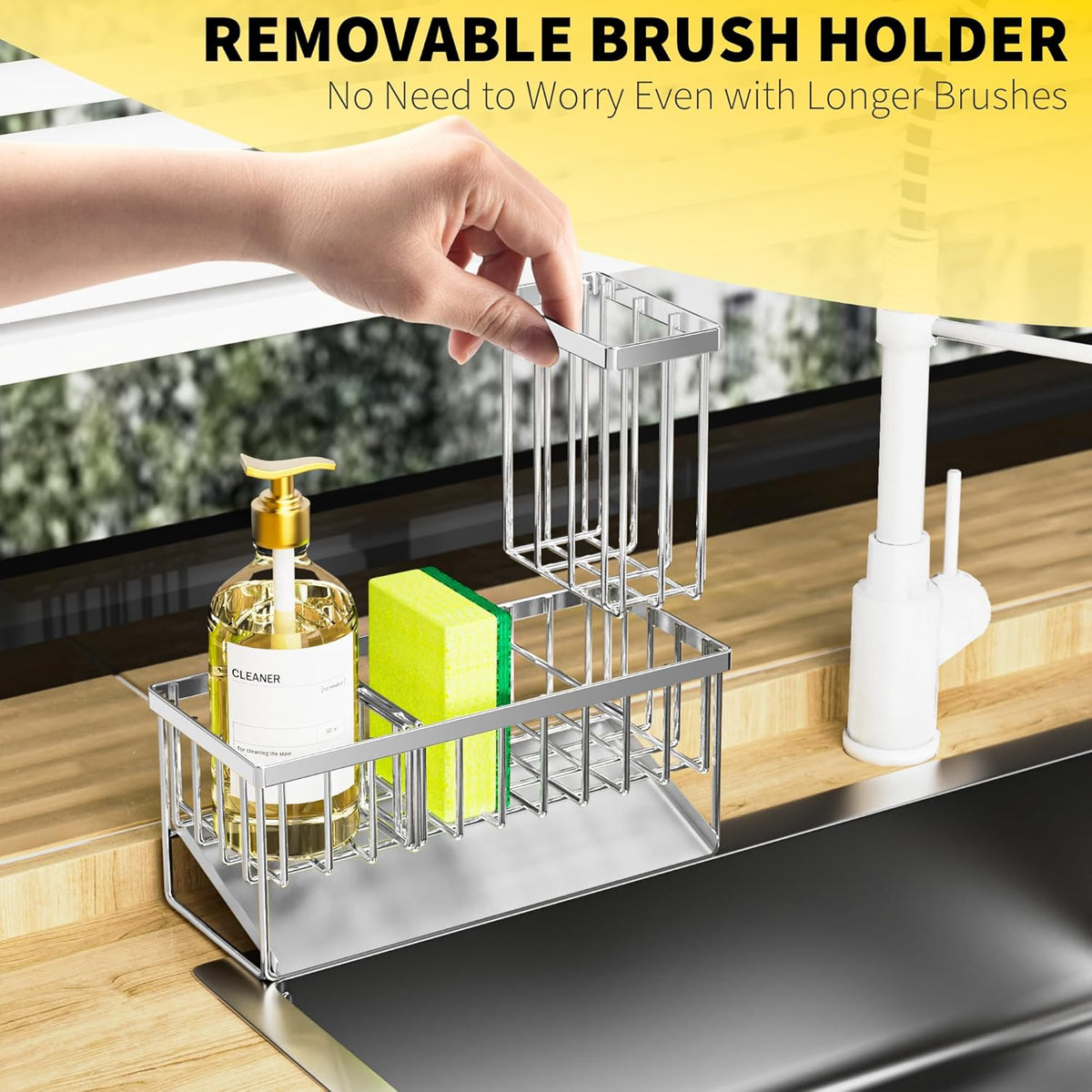 Cisily Kitchen Sink Caddy Organzier with High Brush Holder, Sponge Holder for Sink, 304 Rustproof Stainless, Kitchen Countertop Soap Dispenser Organizer, Kitchen Decor and Accessories (Black) - PuriLite