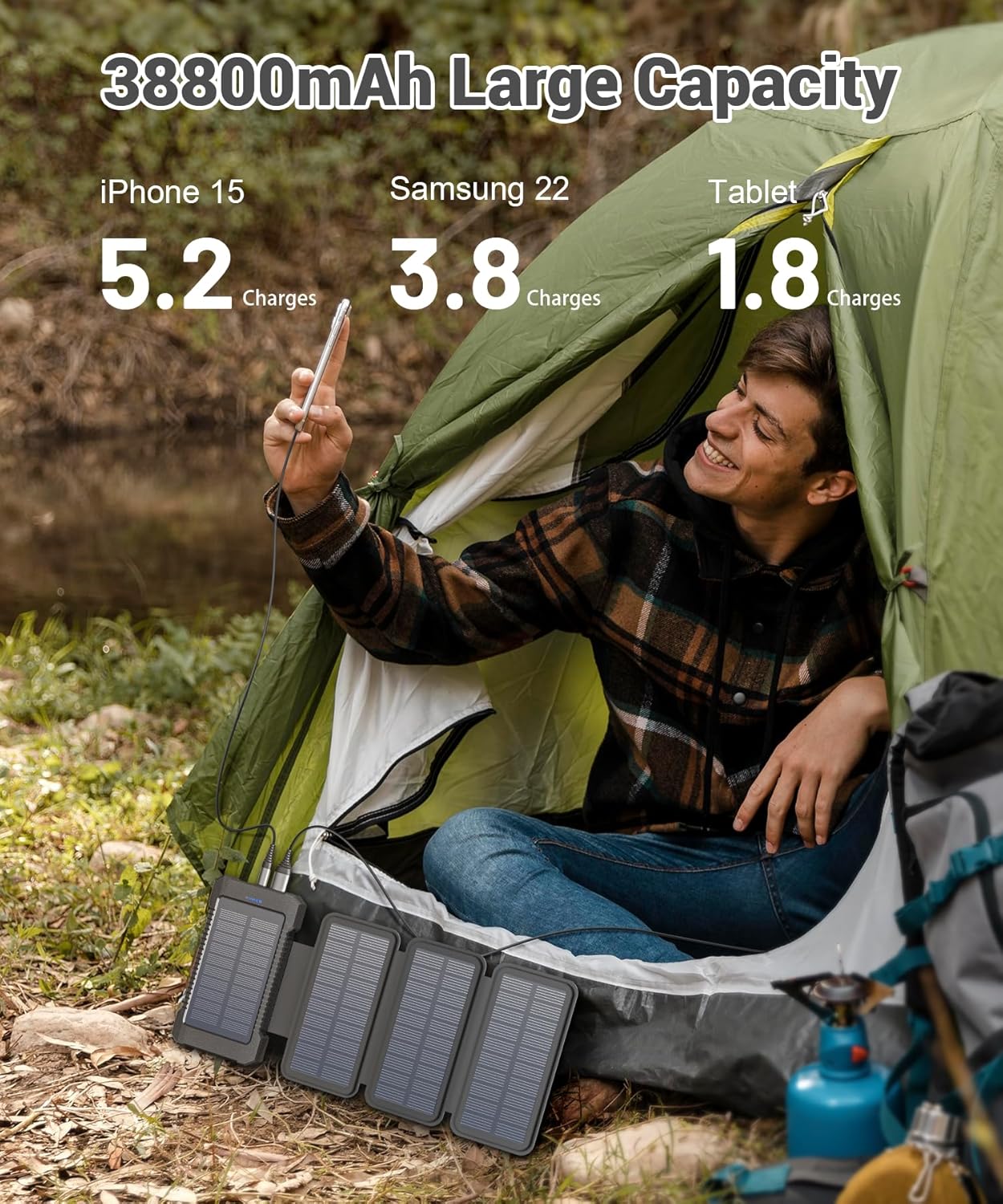 Solar Power Bank 38800mAh with 4 Solar Panels, Portable Charger USB C 18W Fast Charge for iPhone Samsung, IP67 Waterproof Outdoor External Battery Pack with Flashlight Light/SOS/Strobe - PuriLite