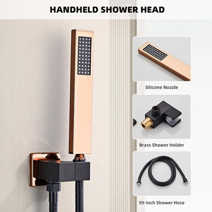 LCEVCGK Shower Faucet Set Complete Matte Black Shower System with 8 inch Square Rainfall Shower Head 3-Function Handheld Shower Waterfall Bathtub Spout Rain Shower Combo Set Bathroom Wall Mounted - PuriLite