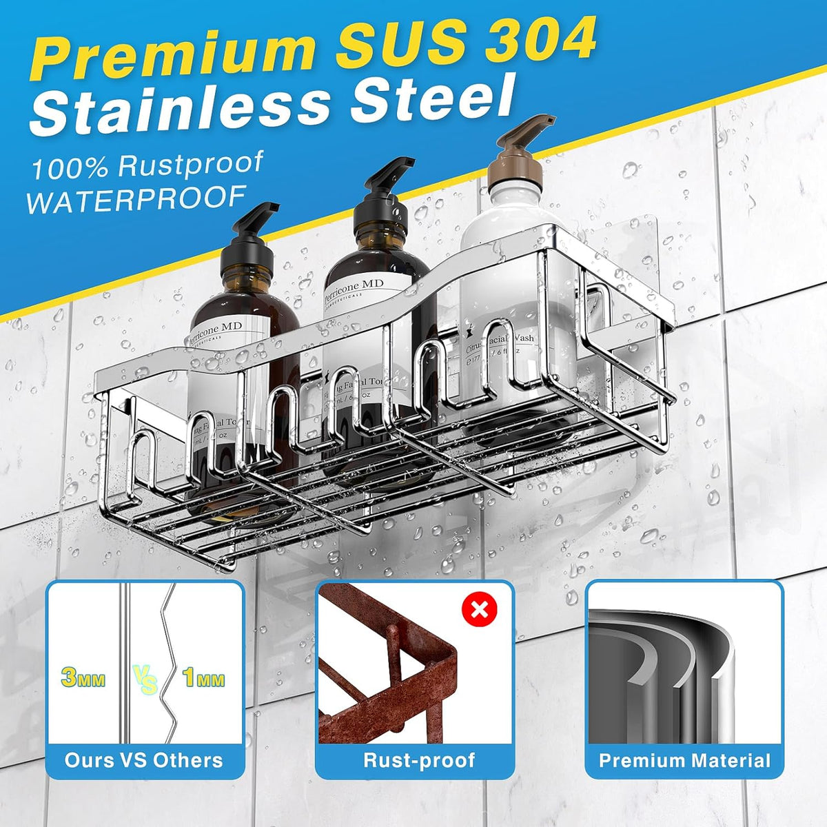 EUDELE 5-Pack Rustproof Stainless Steel Shower Caddy – No Drill Adhesive Bathroom Organizer with Large Capacity, Spacious Shower Shelves for Inside Shower, Kitchen & Home Decor Storage - PuriLite