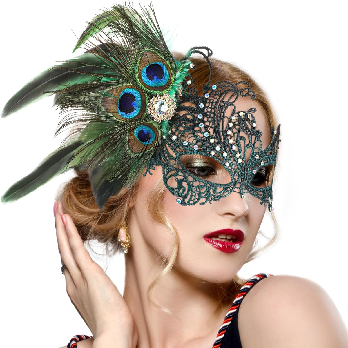 Zinniday Lace Masquerade Masks for Women - 1920s Peacock Feather Venetian Mask for Halloween Couples Mardi Gras Ball - PuriLite