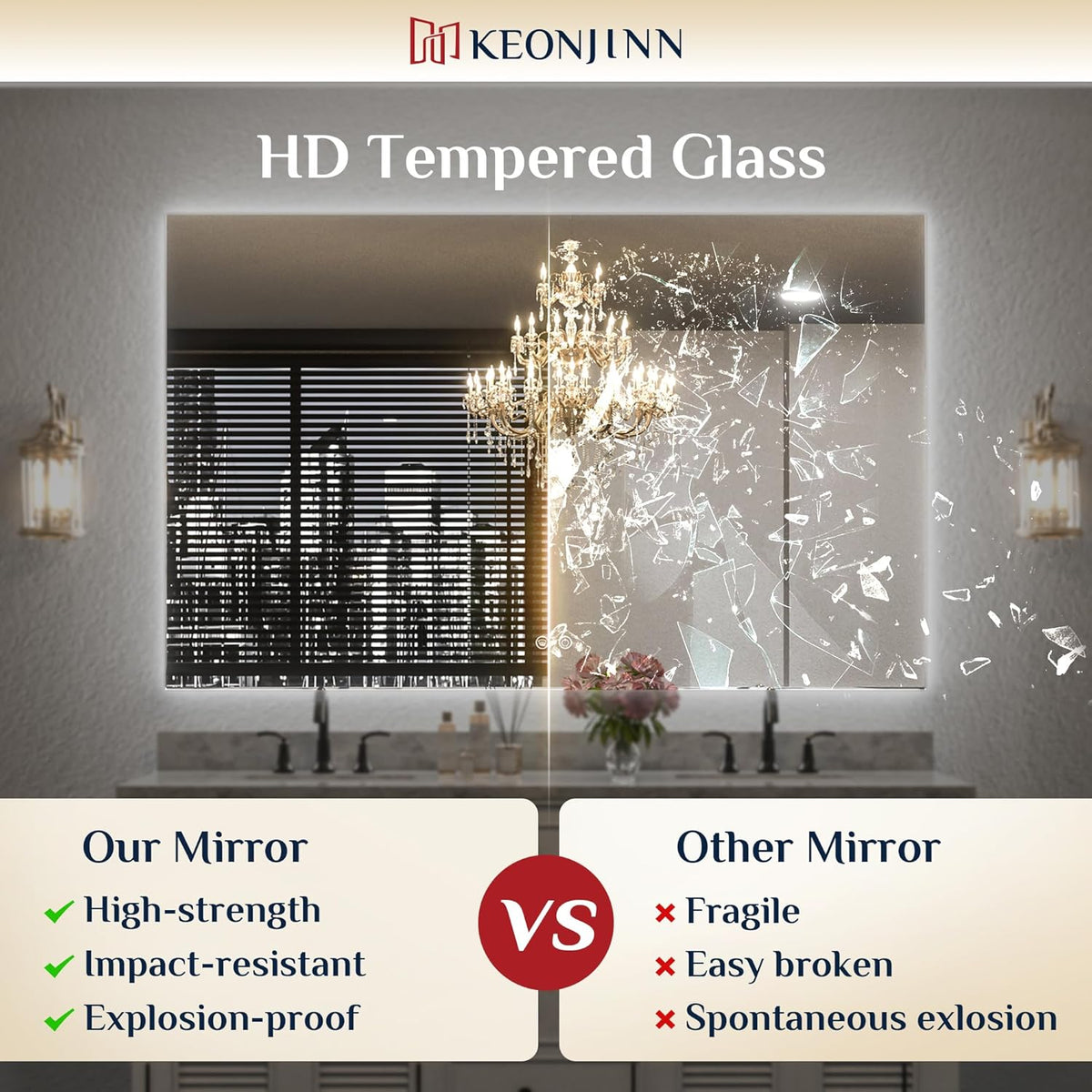 Keonjinn 40 x 32 Inch LED Bathroom Mirror with Acrylic, Backlit Mirror Anti-Fog, Lighted Bathroom Mirror for Wall, CRI90 High Definition Dimmable Large Makeup Mirror(Horizontal/Vertical) - PuriLite