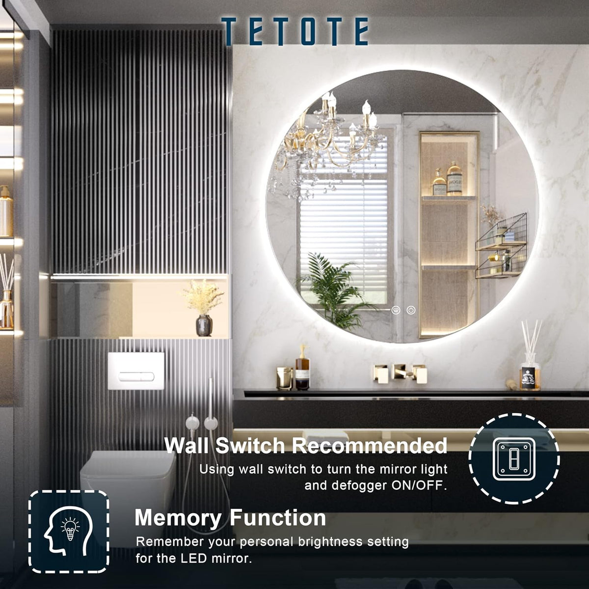 TETOTE 28 Inch Round LED Bathroom Vanity Mirror, Anti-Fog Dimmable Lights IP54 Waterproof Circle Makeup Wall Mounted Mirror - PuriLite