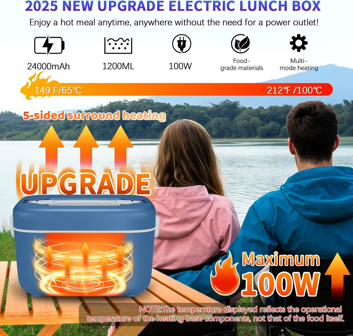 Cordless Electric Lunch Box,100W Self Heating Lunch Box,5 Cups Heated Lunch Box for Men,Multi-Mode Automatic Heating,Suitable for Office/Outdoor Use,Comes with an Insulated Bag and Utensils - PuriLite