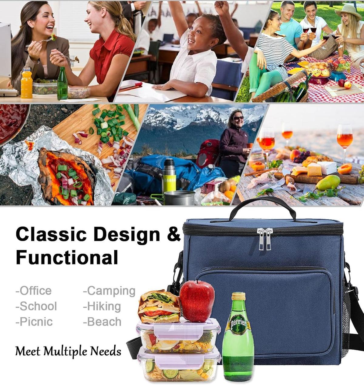 Lunch Bag for Adult Men Women Reusable 10L Large Thermos Lunch Box Food Cooler Bag Leakproof Heated Lunch Bag for Work Office Outdoor Picnic School Unisex Insulated Bag, 12+ Cans (Black) - PuriLite