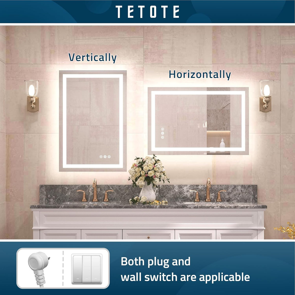 TETOTE LED Bathroom Mirror 20x28 Frontlit & Backlit Lighted Vanity Mirror Anti Fog Stepless Dimmable 3 Colors White/Warm/Natural,Double Lights,Wall-Mounted(Horizontal/Vertical) - PuriLite