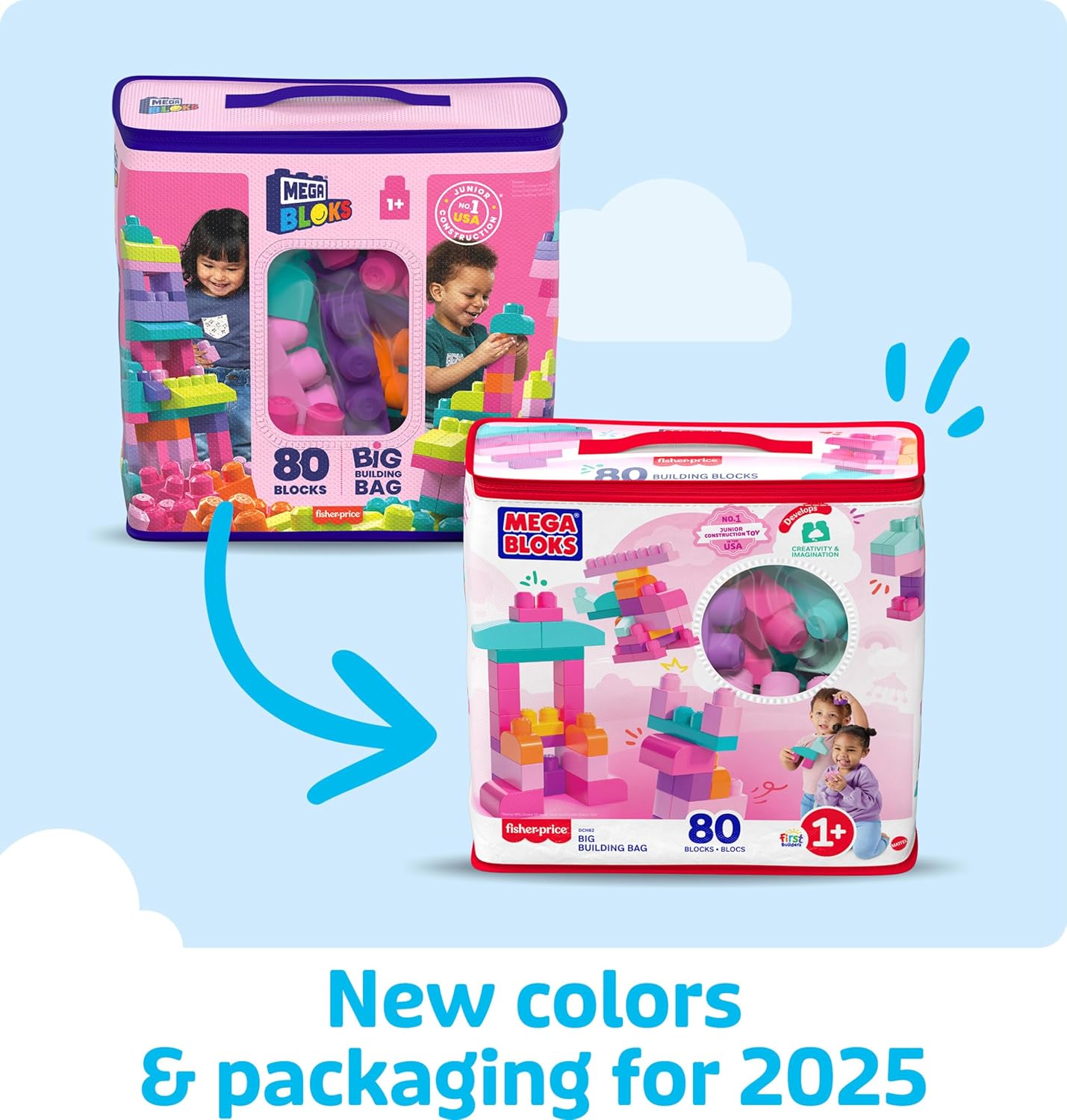 MEGA BLOKS First Builders Toddler Blocks Toys Set, Big Building Bag with 80 Pieces and Storage, Blue, Ages 1+ Years - PuriLite