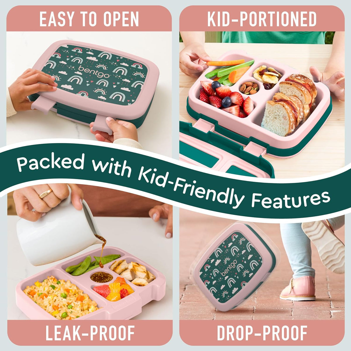 Bentgo Kids Prints Leak-Proof, 5-Compartment Bento-Style Kids Lunch Box - Ideal Portion Sizes for Ages 3-7, Durable, Drop-Proof, Dishwasher Safe, & Made with BPA-Free Materials (Green Rainbow) - PuriLite