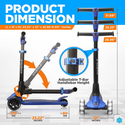 Hurtle 3-Wheel Kids Scooter for Toddlers, Foldable Kick Scooter with LED Light-Up Wheels, Anti-Slip Wide Deck, Adjustable Handlebar, Lean-to-Steer, Outdoor & Indoor Fun for Ages 3+ - PuriLite