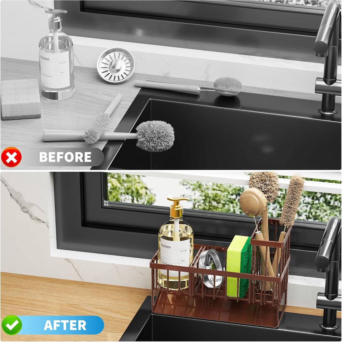 Cisily Kitchen Sink Caddy Organzier with High Brush Holder, Sponge Holder for Sink, 304 Rustproof Stainless, Kitchen Countertop Soap Dispenser Organizer, Kitchen Decor and Accessories (Black) - PuriLite
