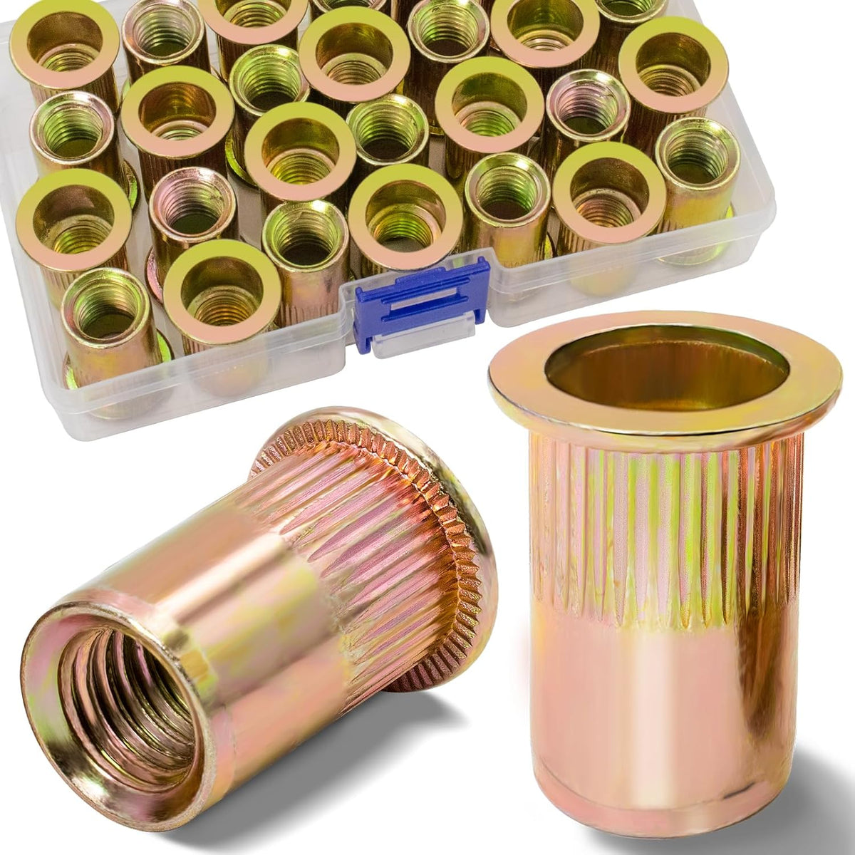 Vifmy Metric & SAE Rivet Nut Assortment Kit(420 Pcs),m3 m4 m5 m6 m8 m10 m12#6-32#8-32#10-24 1/4"-20 5/16"-18 3/8"-16 UNC Flat Head Rivnut Set,Zinc Plated Finish Carbon Steel Nutsert - PuriLite