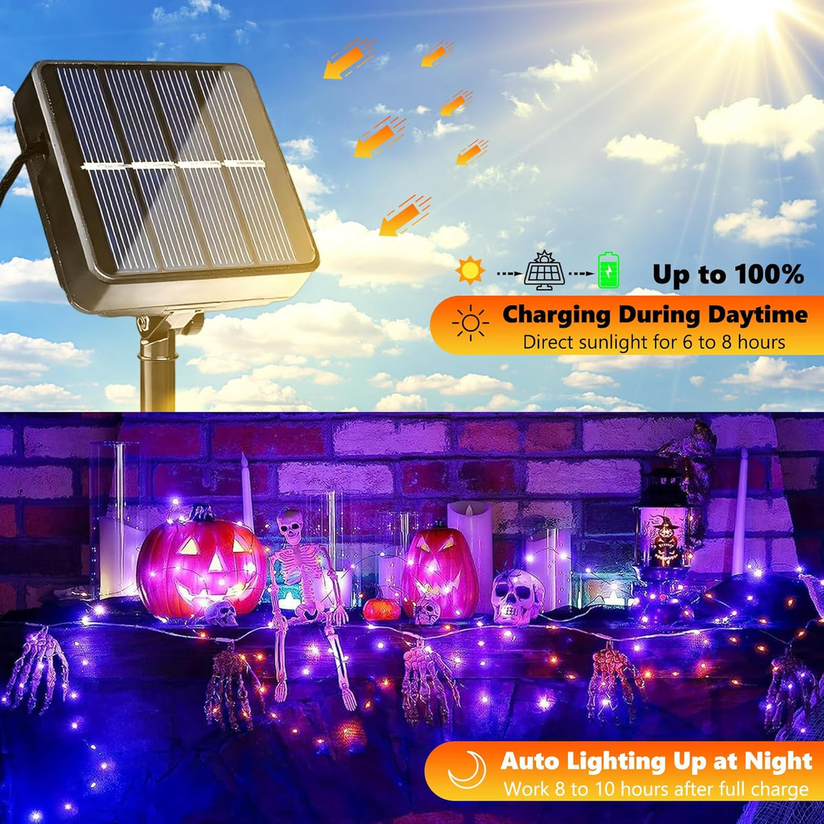 Joomer Orange Purple Halloween Solar String Lights - 2 Pack Total 80FT 240LED Solar Fairy Lights, Waterproof Outdoor Twinkle Lights with 8 Modes for Garden, Porch, Trees, Halloween Decor (Black Wire) - PuriLite