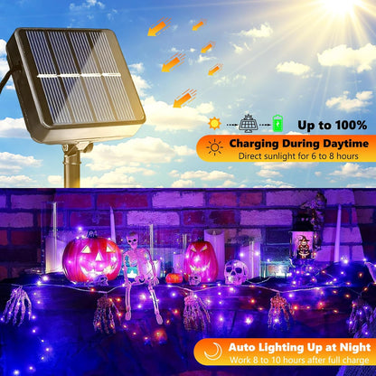 Joomer Orange Purple Halloween Solar String Lights - 2 Pack Total 80FT 240LED Solar Fairy Lights, Waterproof Outdoor Twinkle Lights with 8 Modes for Garden, Porch, Trees, Halloween Decor (Black Wire) - PuriLite