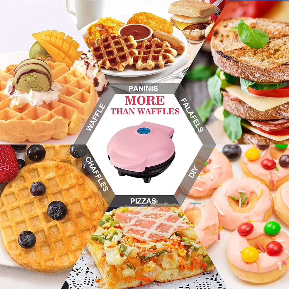 Mini Maker Waffle Maker 5“ Non-Stick Waffler Iron Stuffler Stuffed Wafflera Adjustable Browning Control, Heart, Pink - PuriLite