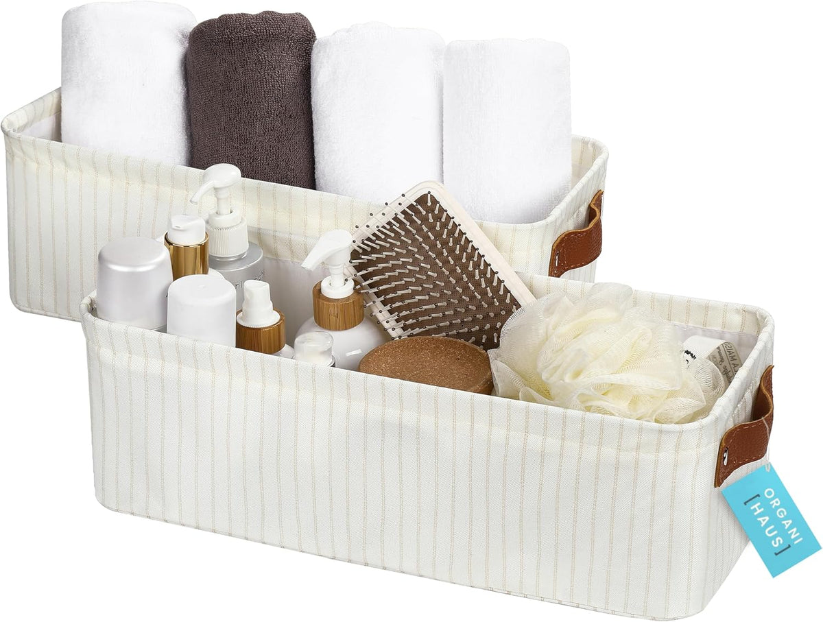 OrganiHaus Large Fabric Storage Baskets for Shelves 3 Pack, 15x11in Closet Storage Bins for Shelves, Cloth Baskets, Fabric Storage Cubes, Linen Closet Organizers, Fabric Basket, White Basket - PuriLite