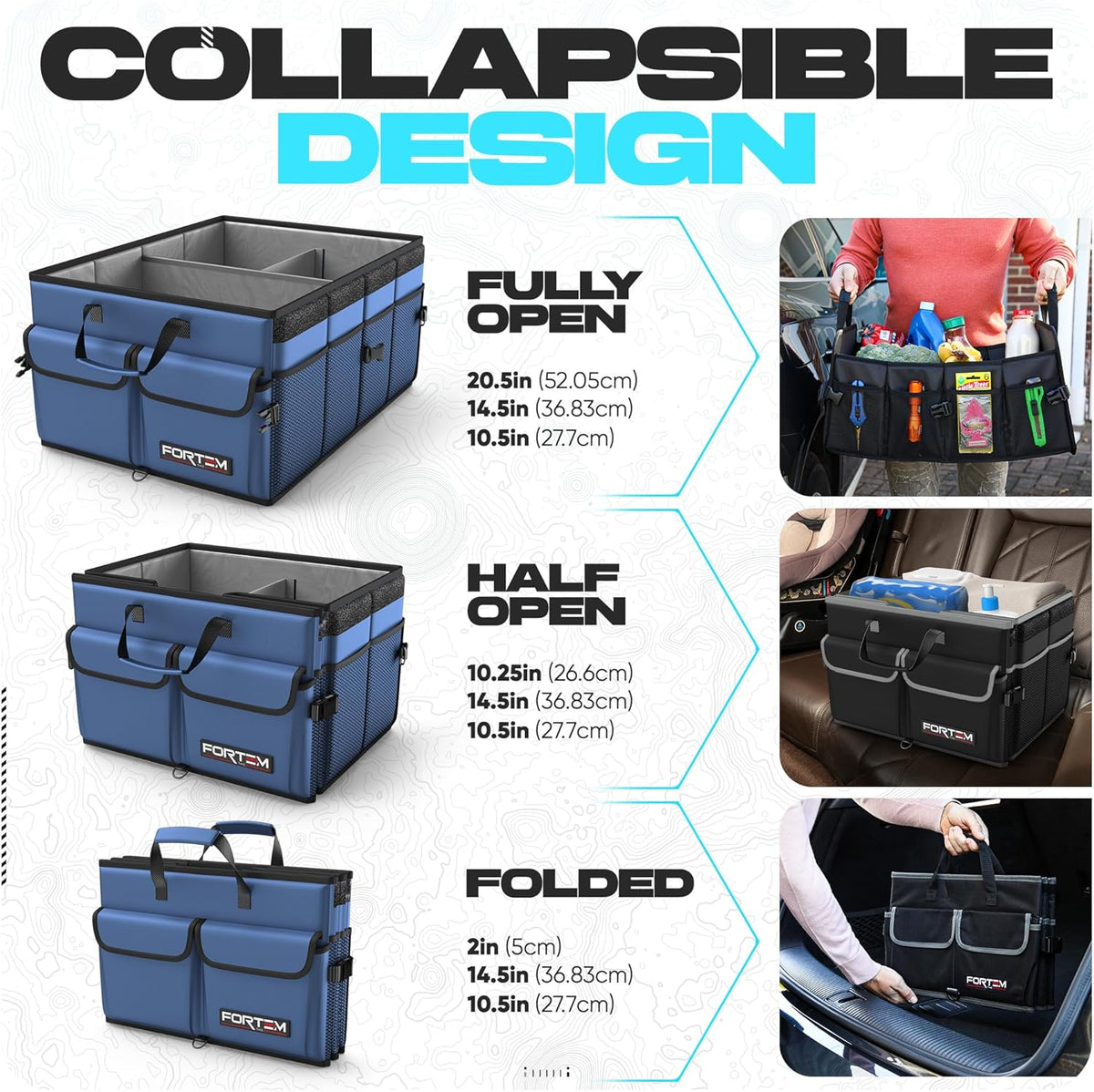 FORTEM Car Trunk Organizer, Collapsible Multi Compartment Car Organizer, Foldable SUV Storage for Car Accessories for Women Men, Non Slip Bottom, Securing Straps, Soft Cover 50L (Black, Standard) - PuriLite