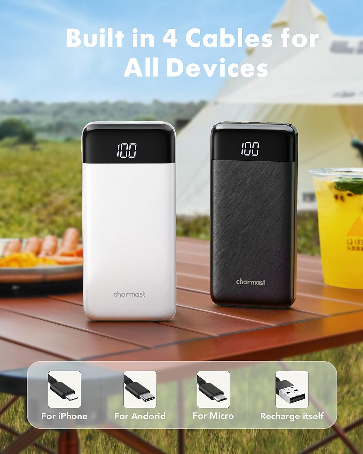 Charmast 2 Pack of Portable Chargers with Built in Cables, 2PCS Slim 10000mAh Travel Essentials Battery Pack 6 Outputs 3A Power Banks for iPhone Samsung Pixel LG Moto iPad (Black + Black) - PuriLite