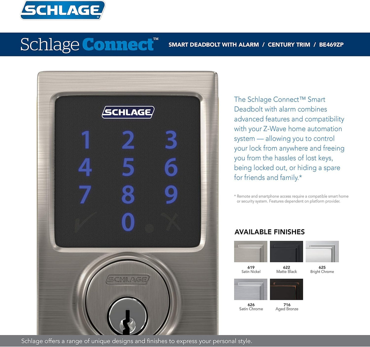 Schlage BE469ZP CAM 622 Connect Smart Deadbolt with Alarm with Camelot Trim in Matte Black, Z-Wave Plus Enabled - PuriLite