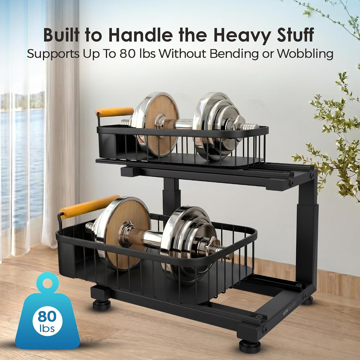 Premium Large Under Sink Organizer, 2-Tier Pull Out, Adjustable Heavy-duty carbon steel, 7 adjustable heights, smooth ball-bearing baskets for kitchen and bathroom cabinets