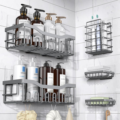 EUDELE 5-Pack Rustproof Stainless Steel Shower Caddy – No Drill Adhesive Bathroom Organizer with Large Capacity, Spacious Shower Shelves for Inside Shower, Kitchen & Home Decor Storage - PuriLite
