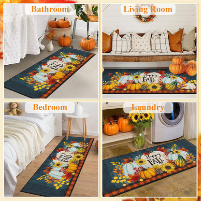 HEBE Fall Kitchen Rugs Set of 3, Washable Pumpkin Kitchen Mats for Floor Non Slip Buffalo Plaid Autumn Kitchen Runner Rug and Carpet Set, Low Profile Sunflower Floor Mats for Thanksgiving Décor