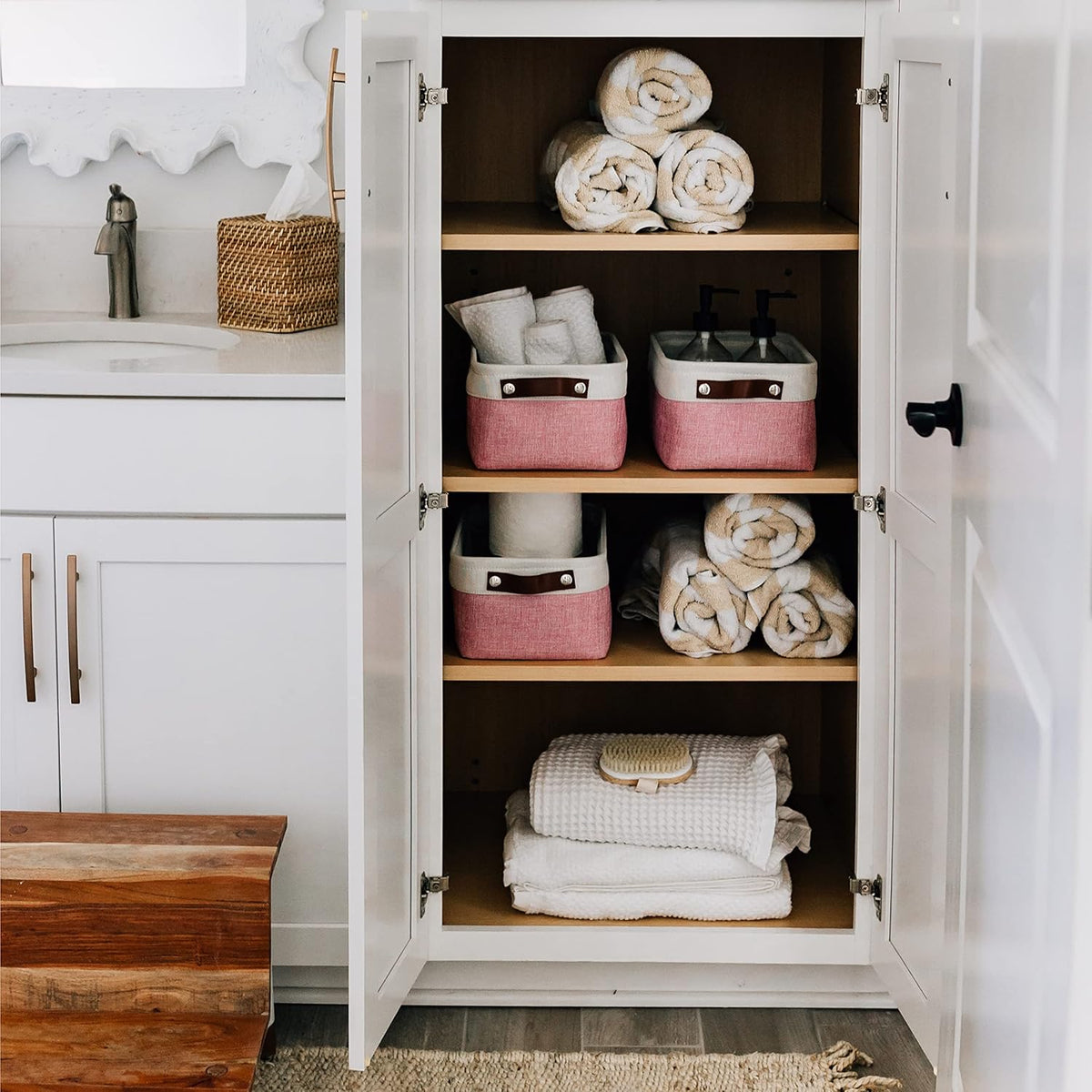 OrganiHaus Large Fabric Storage Baskets for Shelves 3 Pack, 15x11in Closet Storage Bins for Shelves, Cloth Baskets, Fabric Storage Cubes, Linen Closet Organizers, Fabric Basket, White Basket - PuriLite