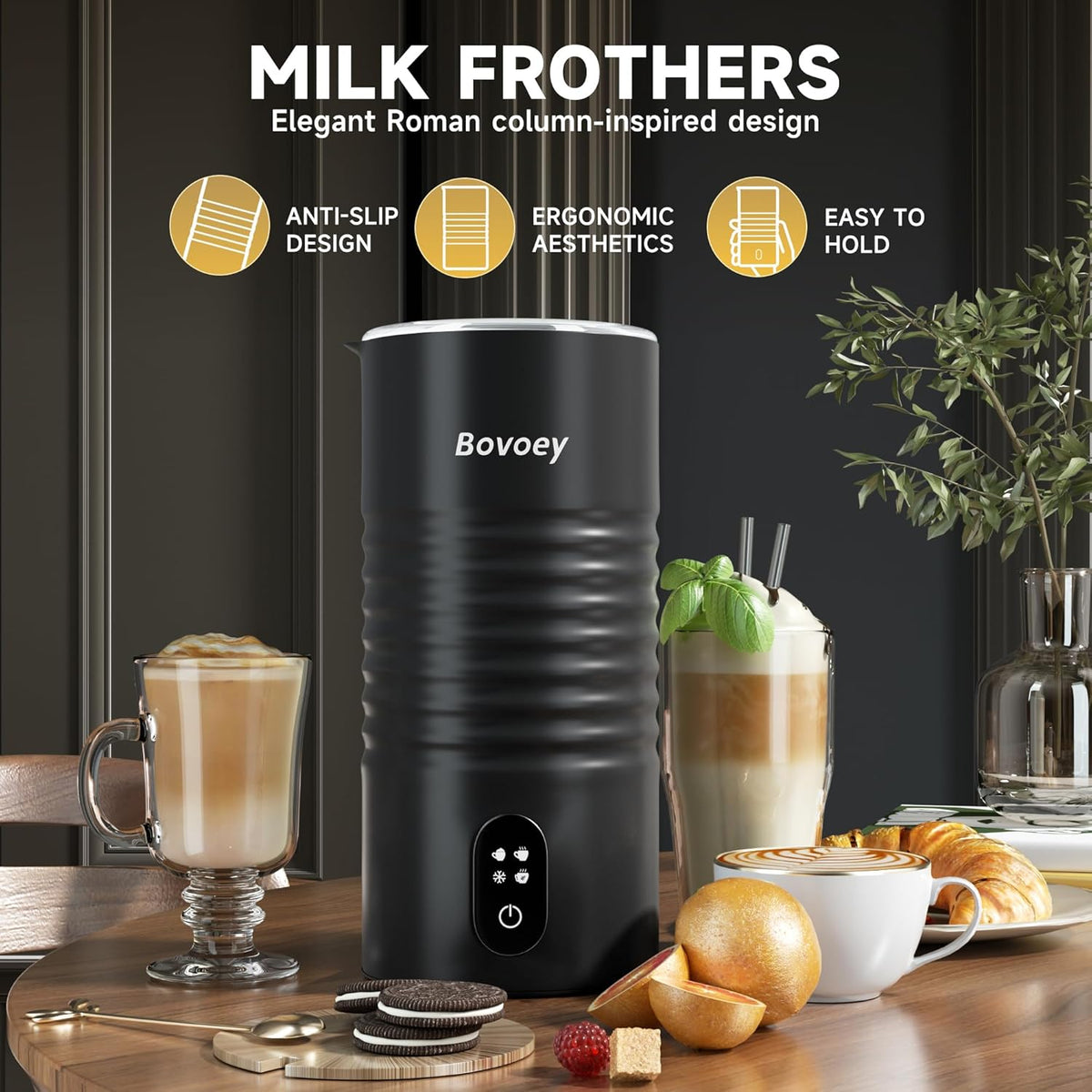 Electric Milk Frother Handheld Set,4 in 1 Automatic Milk Frother and Steamer,Cold Foam Maker Set for Hot Chocolate,Latte,Cappuccino and Macchiato,Electric Mixer Handheld Set for Coffee and Eggs Black - PuriLite