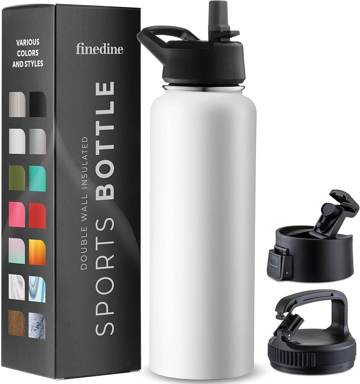 FineDine Water Bottle - Stainless Steel Insulated Water Bottle with Straw Lid, Flip Lid & Wide-Mouth Cap - Keeps Hot and Cold - 25 Oz / 739ml - Pure Pearly White - PuriLite